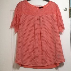 NWT coral and black polka dot blouse with lace